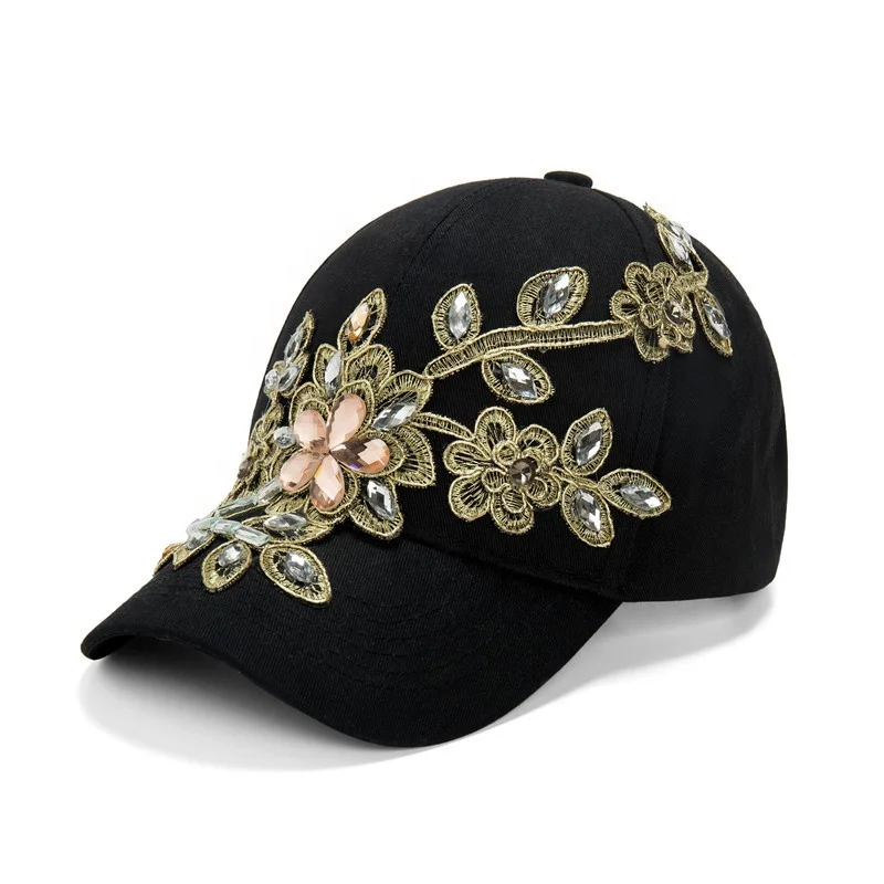 
Womens Lace Flowers Baseball Cap with Rhinestone Snapback Hip Hop adjustable baseball snapback cap 