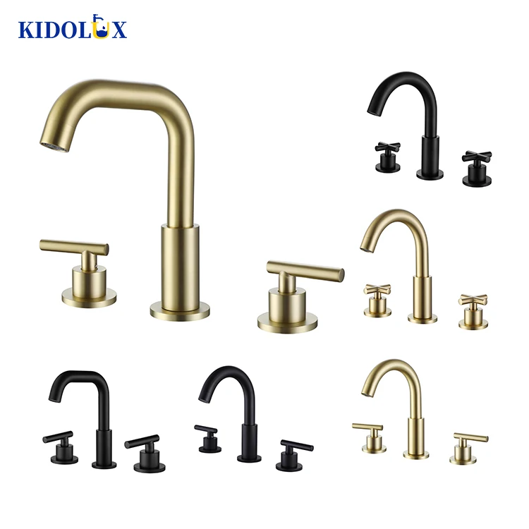 Best Customizable Brushed Gold 304 Stainless Steel Brass Two Handles Gold Tap Bathroom Wash Basin Faucet Set Supplier For Usa