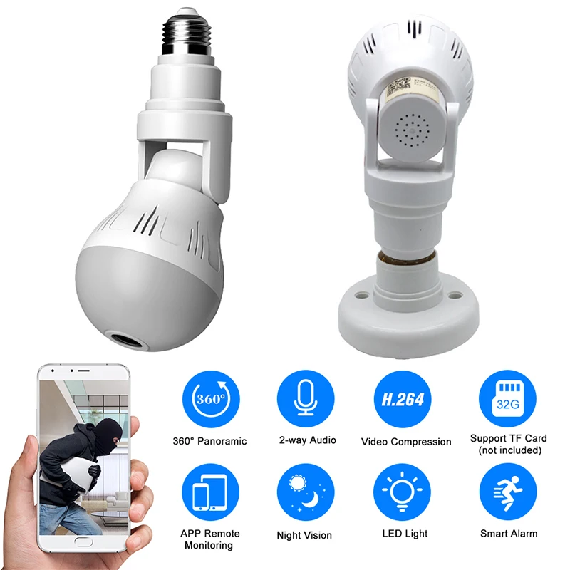 wifi light bulb camera 1080p bombilla led lamp security smart home 360 view app control 3d vr panoramic cctv wireless camera