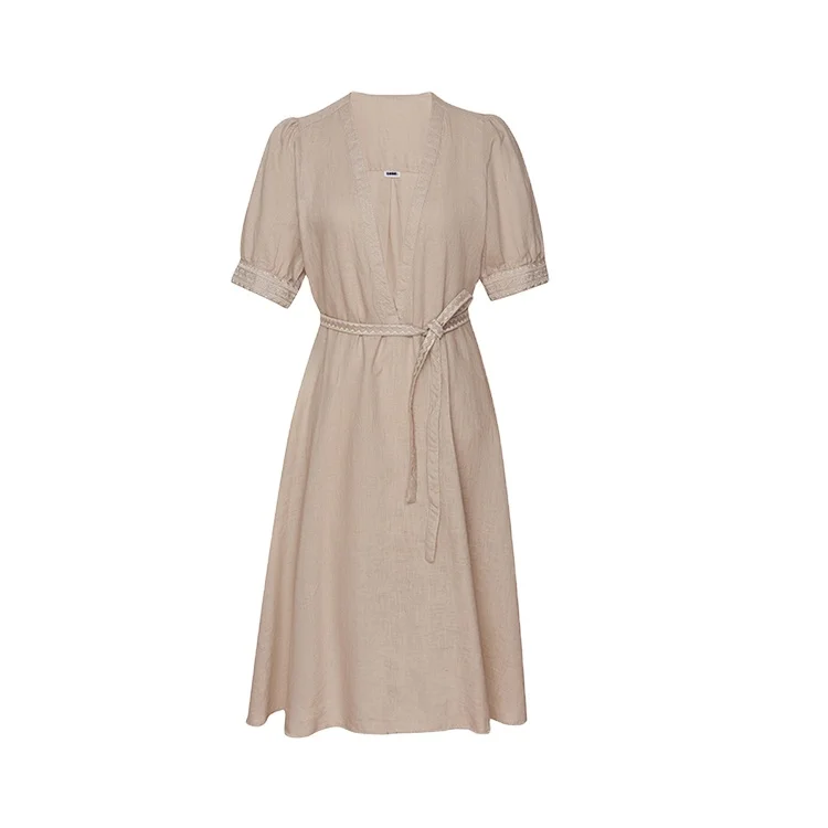  OEM ODM V-neck Embroidered Sexy Ladies Summer Elegant Casual 100% Linen Women Long