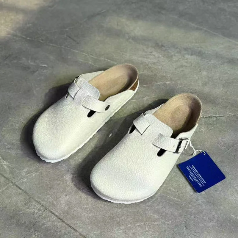 Retro Cork Sole Inner Heightening Sandals Antique White Lychee Skin Leather Outer Wear Men Women Beach Half Slippers For Ladies