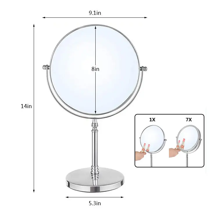 Docarelife Standing Private Label 1x 7x Magnifying Chrome Cosmetic Mirror 360 Rotatable Double Sided vanity two way round mirror