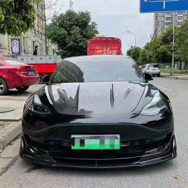 CMS Style Carbon Fiber Front Bumper Hood Bonnet for Tesla Model 3 Auto Racing Car Body Kit