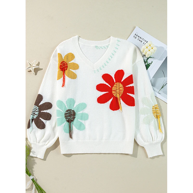 Dear-Lover Oem Odm Private Label Sweater Ladies Big Flower Pattern V Neck Drop Shoulder Sweater