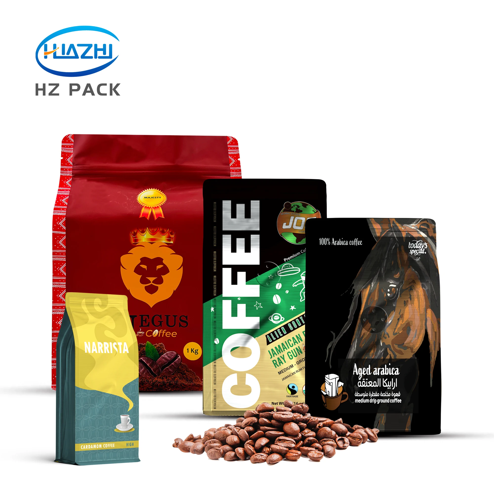 Custom Printed Zipper Flat Bottom Pouch For Coffee Packaging Eight Side Seal Plastic Food Coffee Bean Food Bag