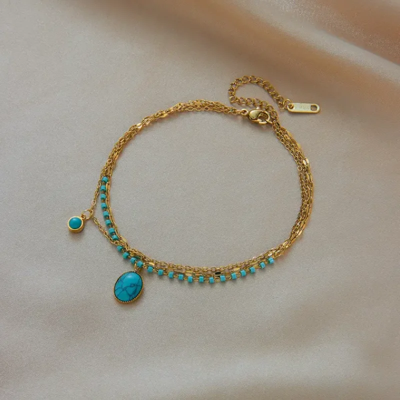 Wholesale Trend Jewelry Gemstone Bracelet Fashion Non Tarnish Stainless Steel Muti Layer Turquoise Link Chain Bracelet For Women