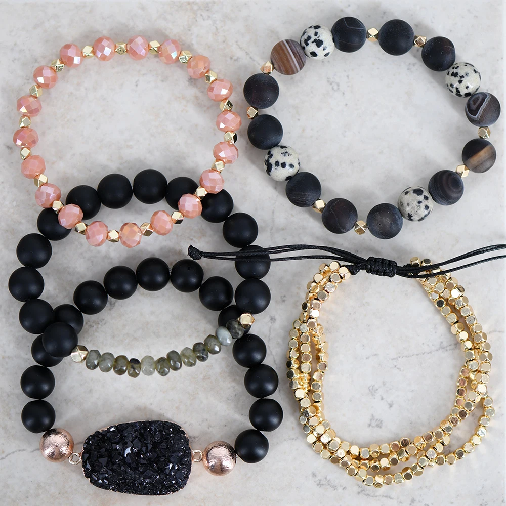 Gypsy and Boho Gold Beads Stacked Bracelet,Natural Black Druzy With Black Lace Agate Beaded Bracelet Set,Gifts for Her