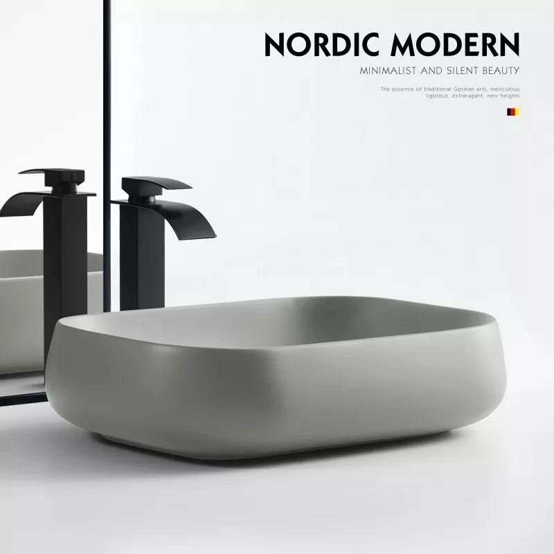 Matte grey color above counter top modern washroom ceramic washbasin art hand wash basin bathroom sink
