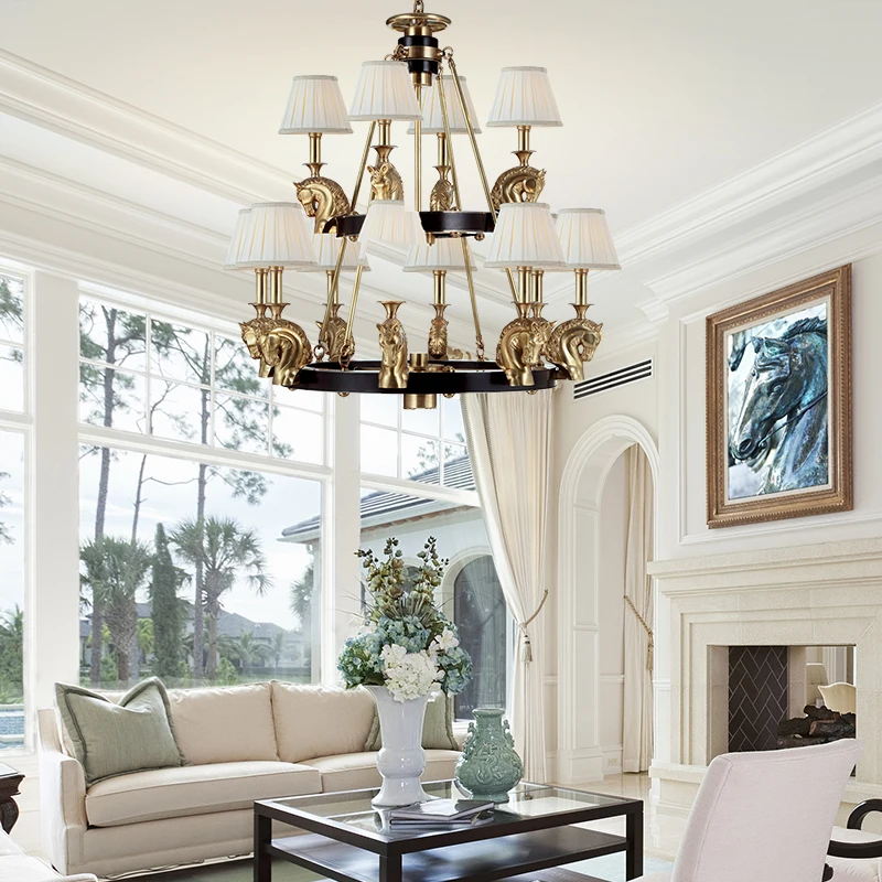 Vintage Indoor 12 Light Industrial Brass Horse Metal Black Chandelier for High Ceiling Living Room