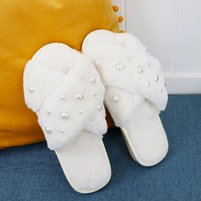 Women Fluffy Slippers Summer 2023 Warm Faux Fur Cross Flip Flops Indoor Pearl Floor Slides Soft Flat Furry Sandals