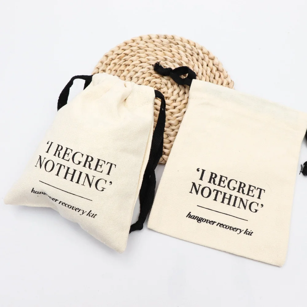 Eco-friendly Nature Canvas Cotton Drawstring Bag Packaging with Black Printing Customized Rope Handled