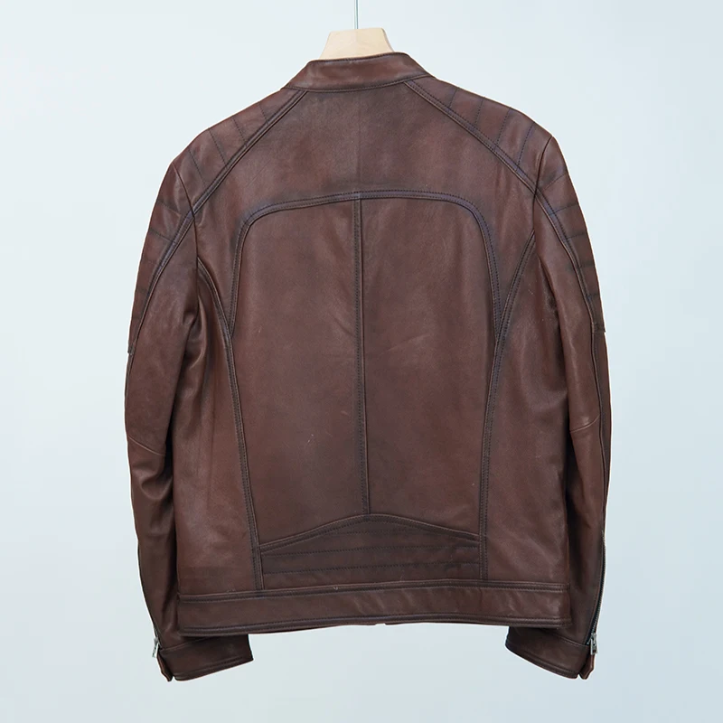 NAFA OEM Mens Vintage Classic Stand Collar Genuine Leather Biker Jacket  with Affordable Price