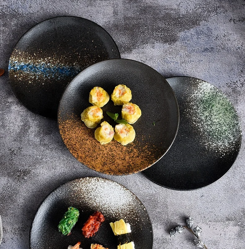 Japanese Retro Custom Dinner Porcelain Dinnerware Brown Ceramic Dessert Plate Pottery Dish Plate Sets For Wedding Party