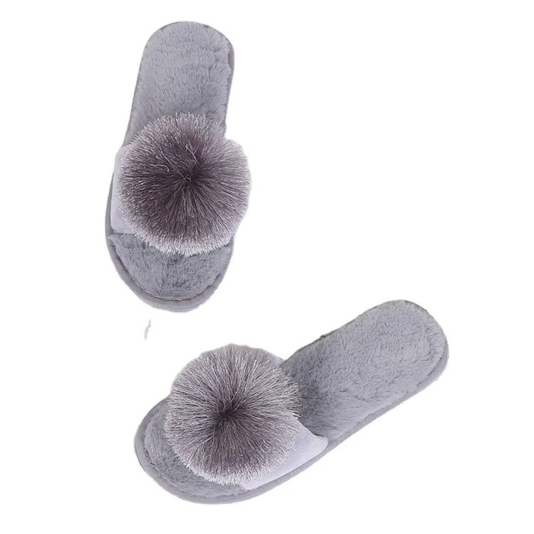 New design hairball home plush slippers women winter open-toe thicken plush soft sole indoor slippers