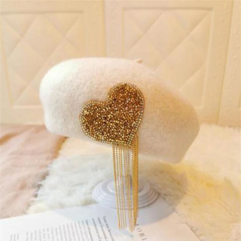 Зимняя шерстяная вязаная шапка из материалов берет шапки модные французские фетровые с кисточками и сердечками милый