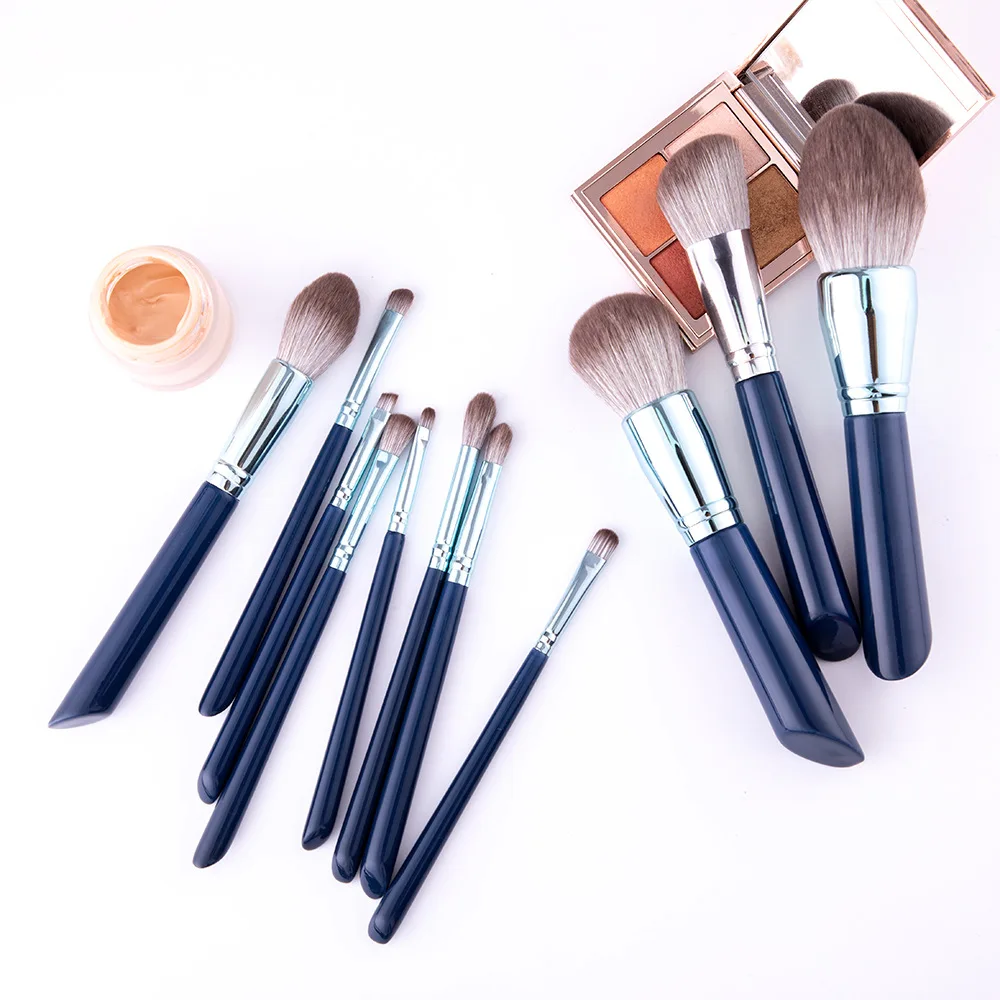Eyeshadow Powder Wood Handle Concealer Cosmetics Eyebrow Synthetic Hair Beauty Tools Private Label Blue 11pcs Makeup Brush Set