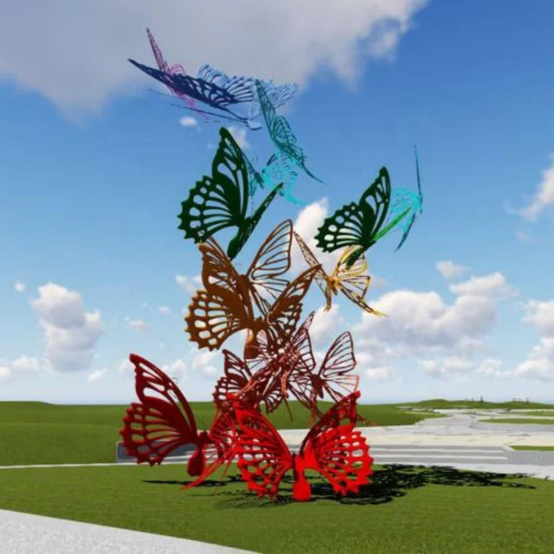 Customized Modern Stainless Steel Metal Art Butterfly Statues Garden Colorful Stainless Steel Butterfly Sculpture