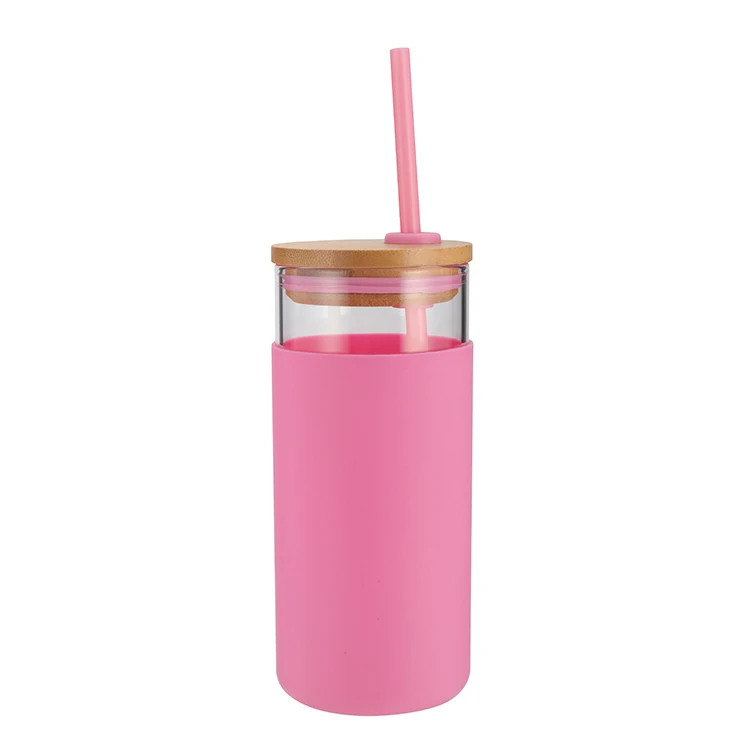 Grink High Quality Pink Goods Glass Silicone Sleeve Water Bottle With Bamboo Lids