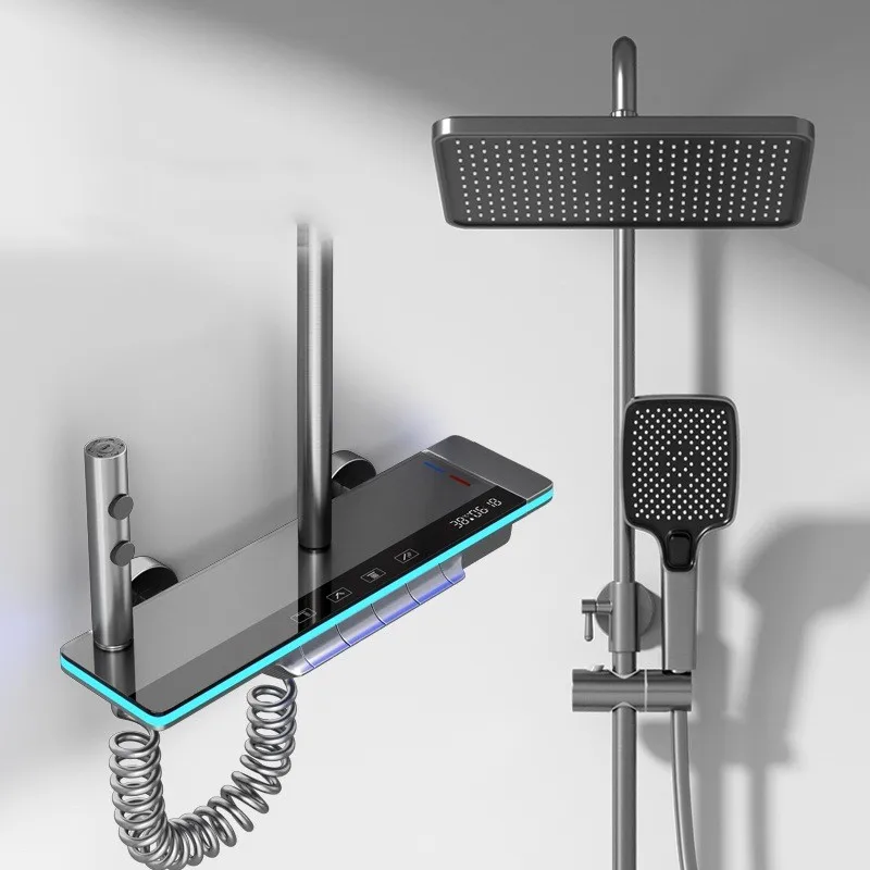 Gun Gray Wall Mounted Rainfall Shower Set Bathroom Waterfall Digital Display Shower Faucet Led Lighting Design Shower System