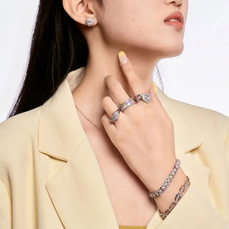 Dylam Sparkling Heart Shape S925 Sterling Silver Ring Band Rainbow Colorful Pink Diamond Cz Cubic Zirconia Rings Jewelry Women