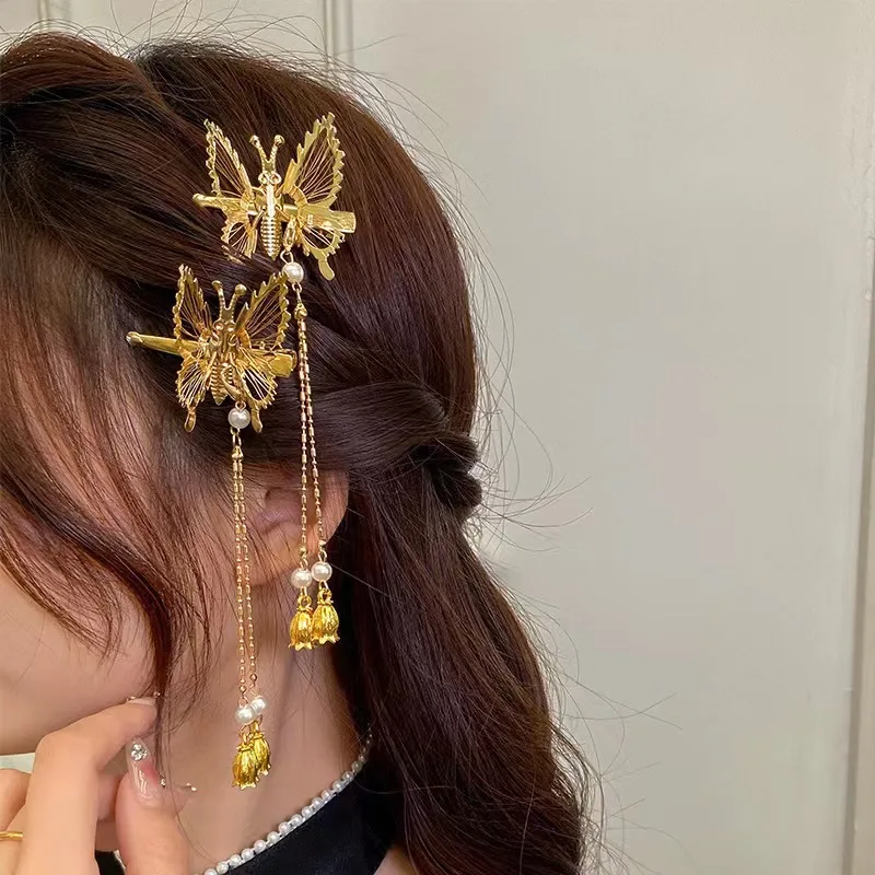 2 Pieces Butterfly Hairclips Women Gold Plated Long Tassel Cute Bangs Hair Jewelry