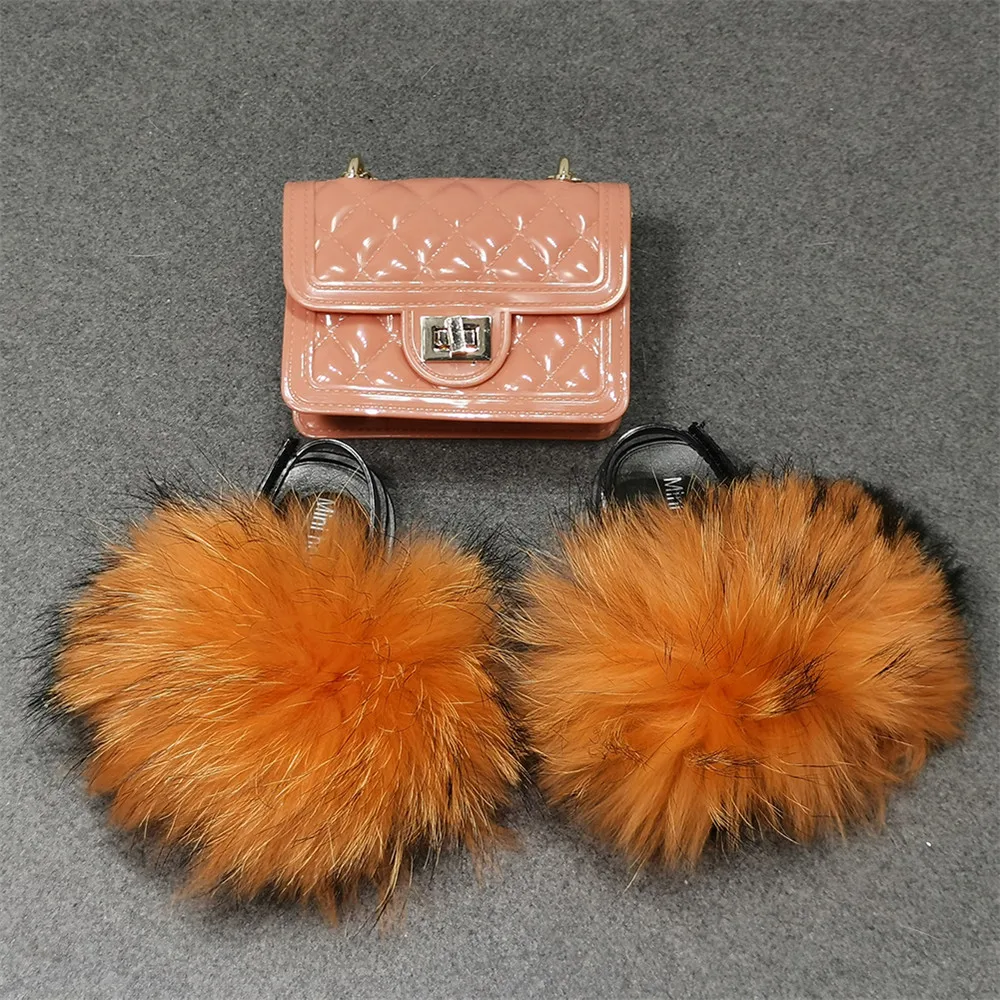 
Factory Wholesale Mixed Colors Fashionable Real Fox Fur Slippers Baby jelly bag set Raccoon Fur Cute kid fur slides 