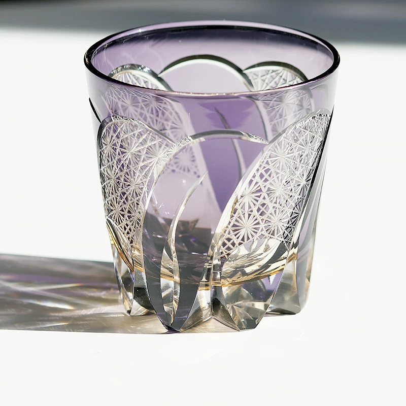 11 oz Hand Blown Colored Glass Whisky Tumbler Grey With Hand Carved Star Bottom Purple Old Fashioned Rock Glass express package