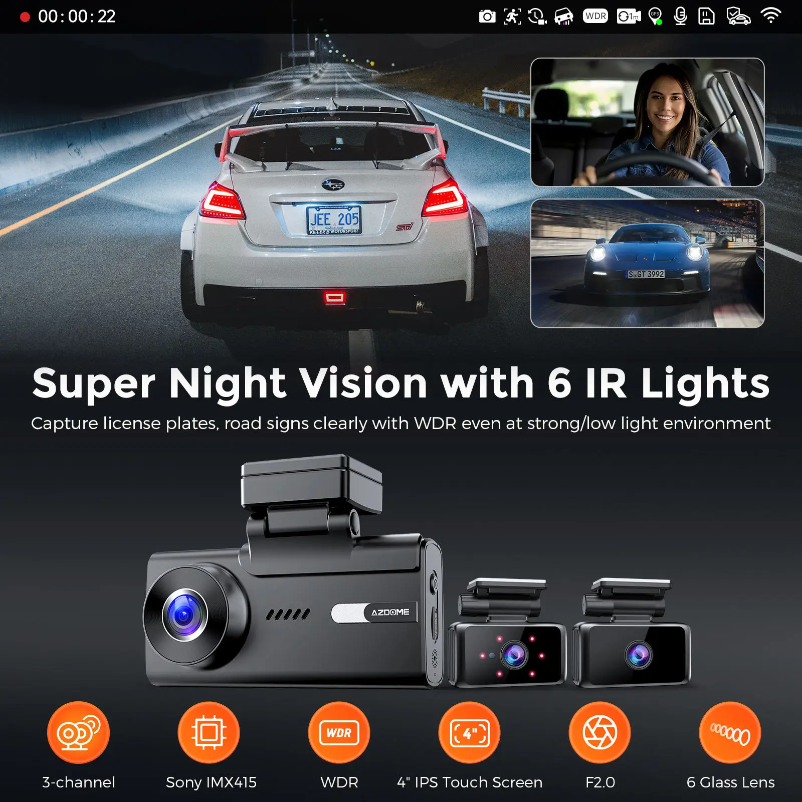 Hongrui NEW touch screen 3 way 4K+1080P+1080P car Black Box Night Vision driving recorder high resolution 5K dash cam