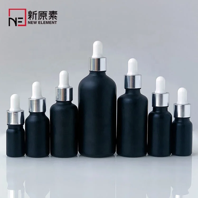 frosted black cosmetic 5ml 10ml 15ml 20ml 30ml 50ml 100ml oil glass dropper bottle for hair products with silver white dropper