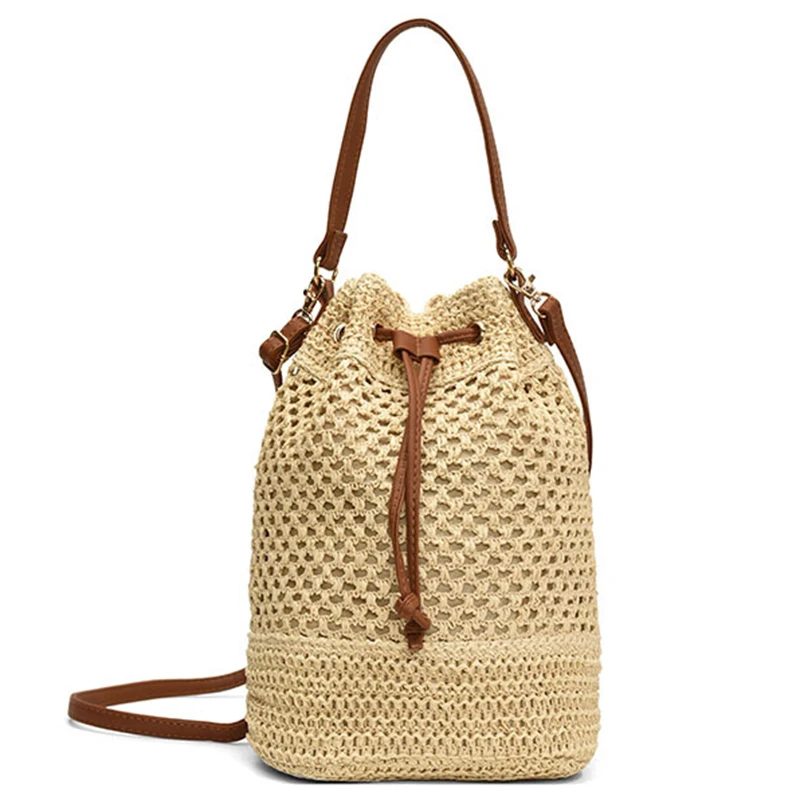 Summer Straw Beach Bag Single Shoulder Crossbody Handmade Backpack Ladies Woven Handbag Braided Bucket Bag