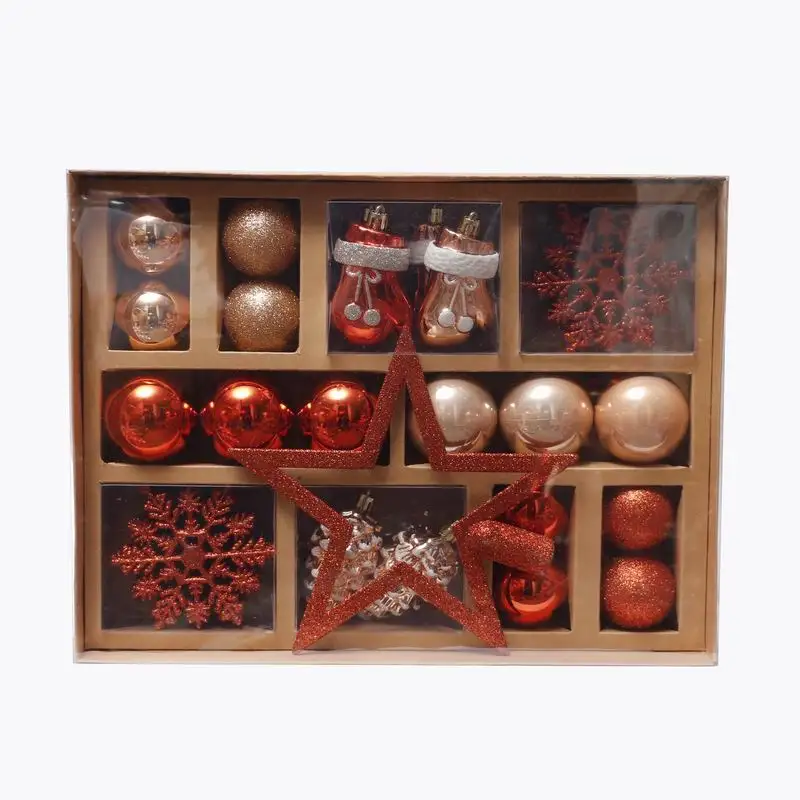 Wholesale gifts plastic ball ornaments mixed in brown paper box 71pcs suit pack fashion luxury Christmas tree decorations