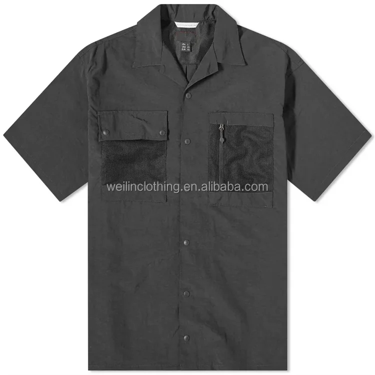 Custom short sleeve cargo patch mesh pockets shirt for men