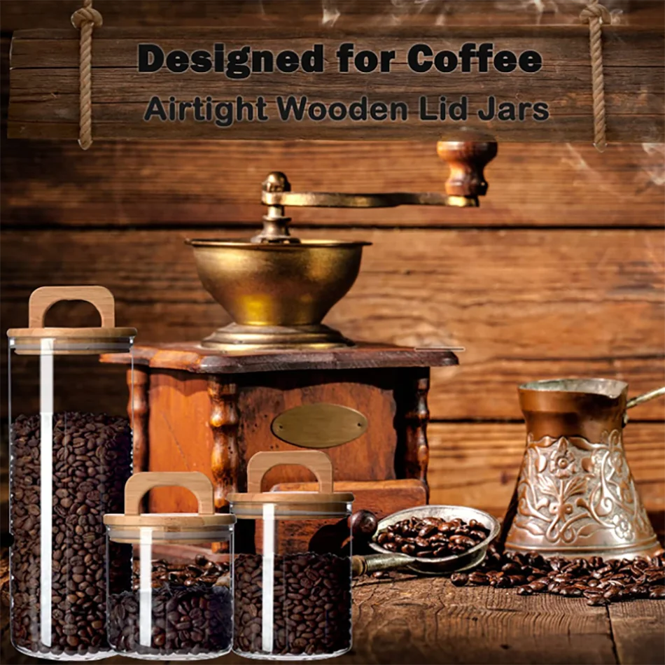 wholesale custom clear decorative stackable large high borosilicate tea coffe food airtight bamboo wooden lid jar glass canister