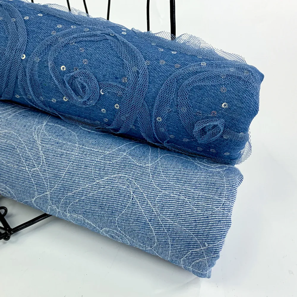 Henry Factory Wholesale High Quality Woven Rose Lace Denim Embroidery Fabric For Fashion Dress Coats