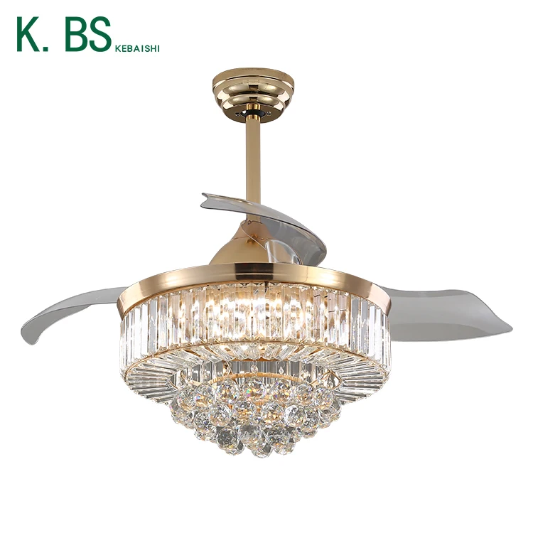 Suitable Professional Iron 32inch 3 Blades Decorative Indoor Industrial Retractable Crystal Ceiling Fan Light