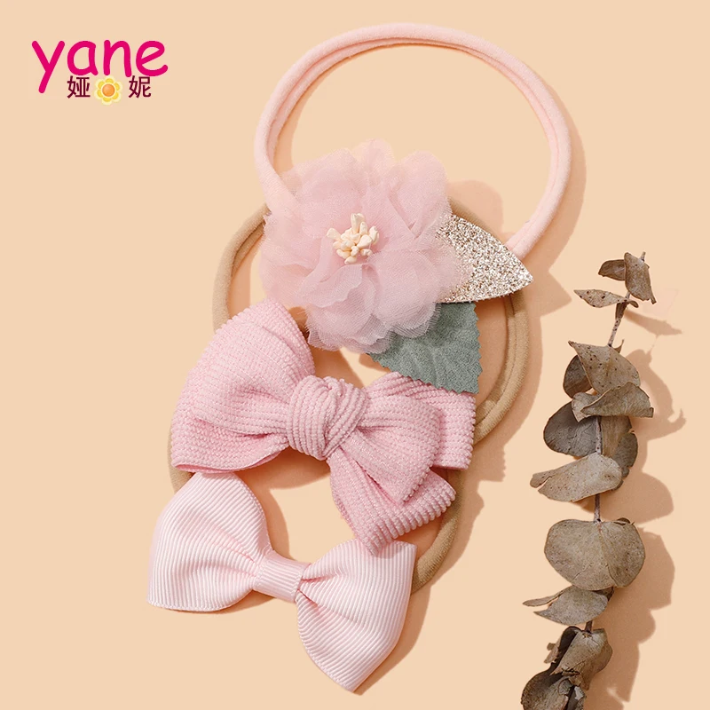 New arrived small fresh tied hair bow lace headband headdress ins female  nylon hair accessories Pink rubber headbands