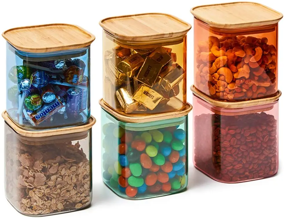 Colorful Stackable Square Glass Jar Set, Air Tight Canister Kitchen Food Storage Container Set for Candy, Cookie, Rice, Sugar