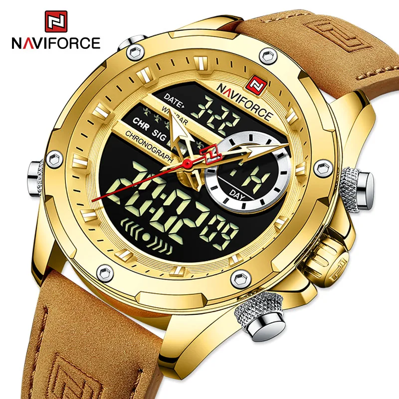 NAVIFORCE 9208 Luxury Original Watches For Men Casual Sport Chronograph Alarm Quartz WristWatch Leather Waterproof Digital