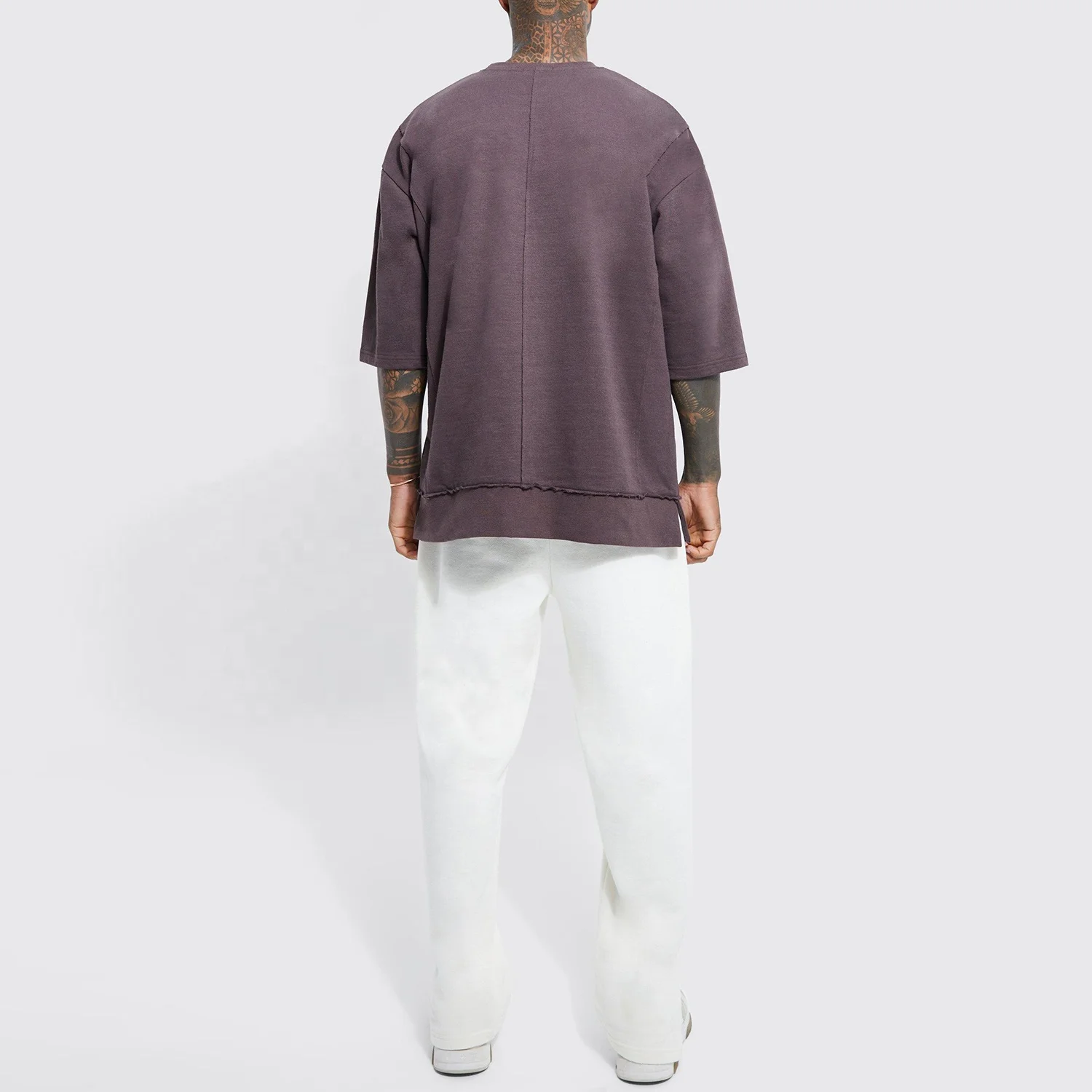 Wholesale Custom t shirt with logo print new design oversized heavyweight raw seam sweatshirt gym sport t shirt for men