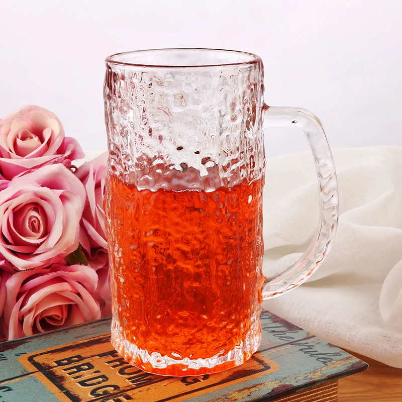 Simple glacier grain large capacity glass beer mug hammer grain handle cup household beer mug