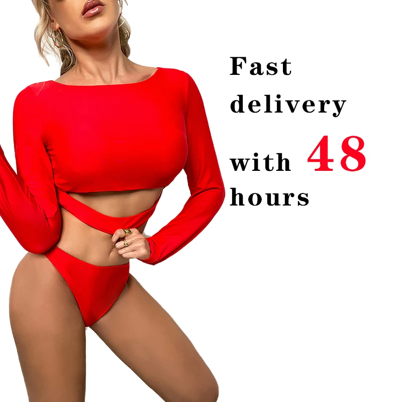 JSN7159 New Design swimwear factory 2024 New Long Sleeve Solid Swimsuit Bathing Suit swimwear fabric bikini swimwear thong