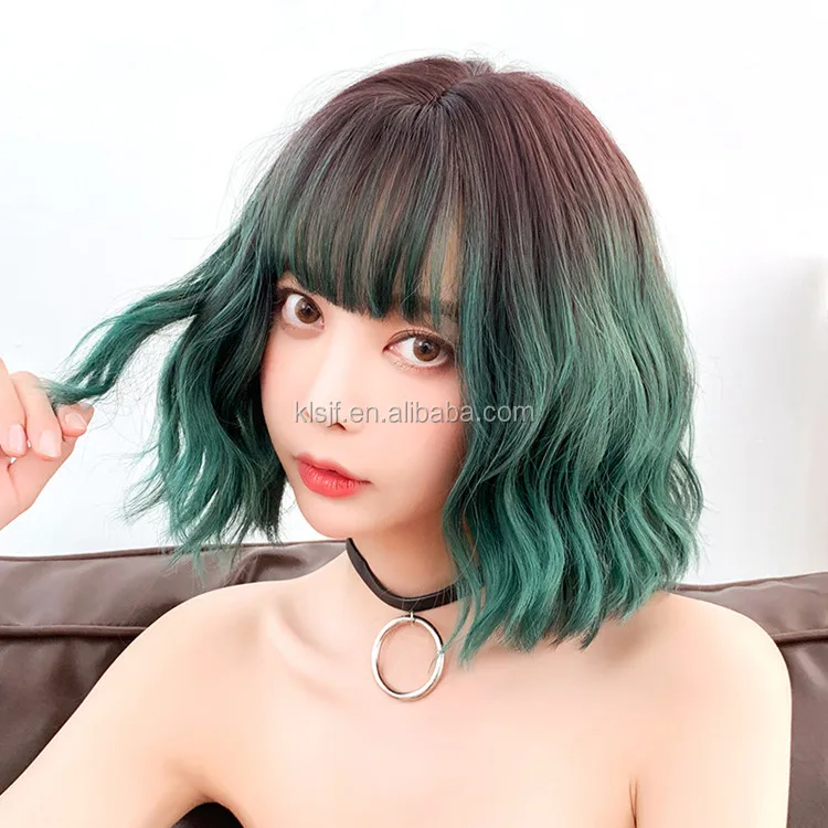 
Short Wigs with Bangs Ombre Gray to Green Wavy Curly Shoulder Length Synthetic Wig 