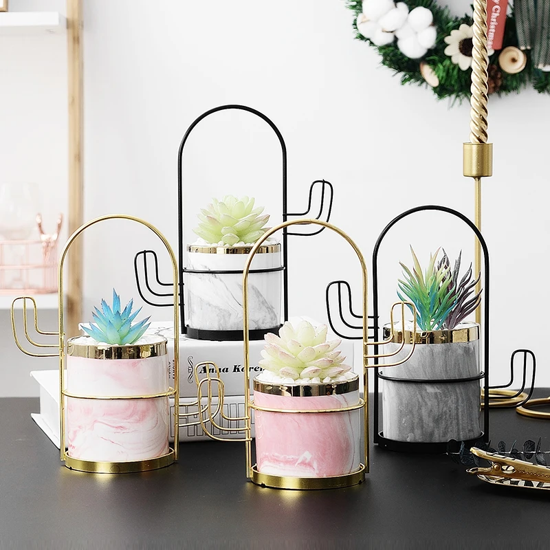 Wholesale  Indoor Ceramic Succulent pots planter with Golden Metal Stand, Ceramic Cactus Planter Pot
