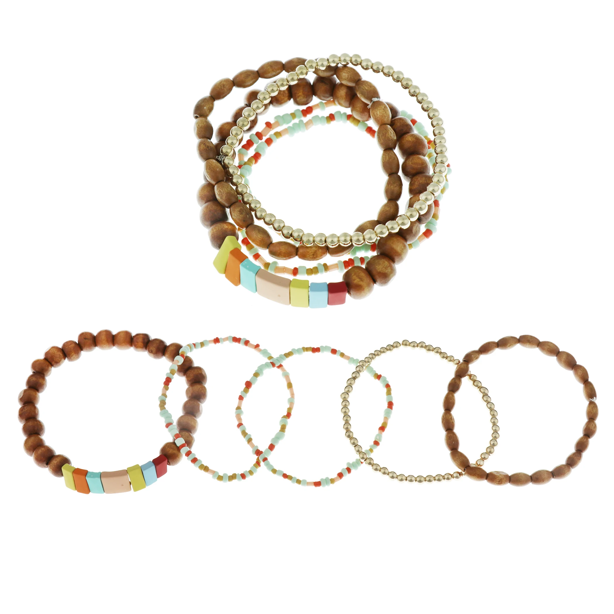 
5pc pack Wood and Mixed Beads Bracelet Set for women accessories 