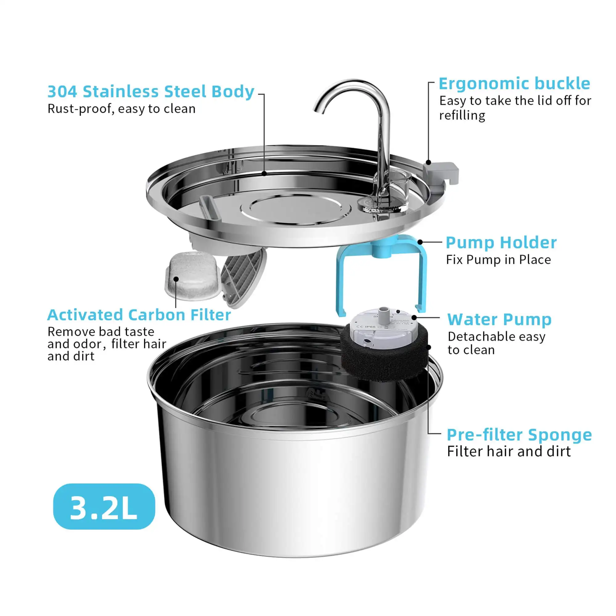 Petwant OEM ODM 3.2L/108Oz Stainless Steel Automatic Pet Cat Dog Drinking Water Fountain Bowls With Replacement Filters