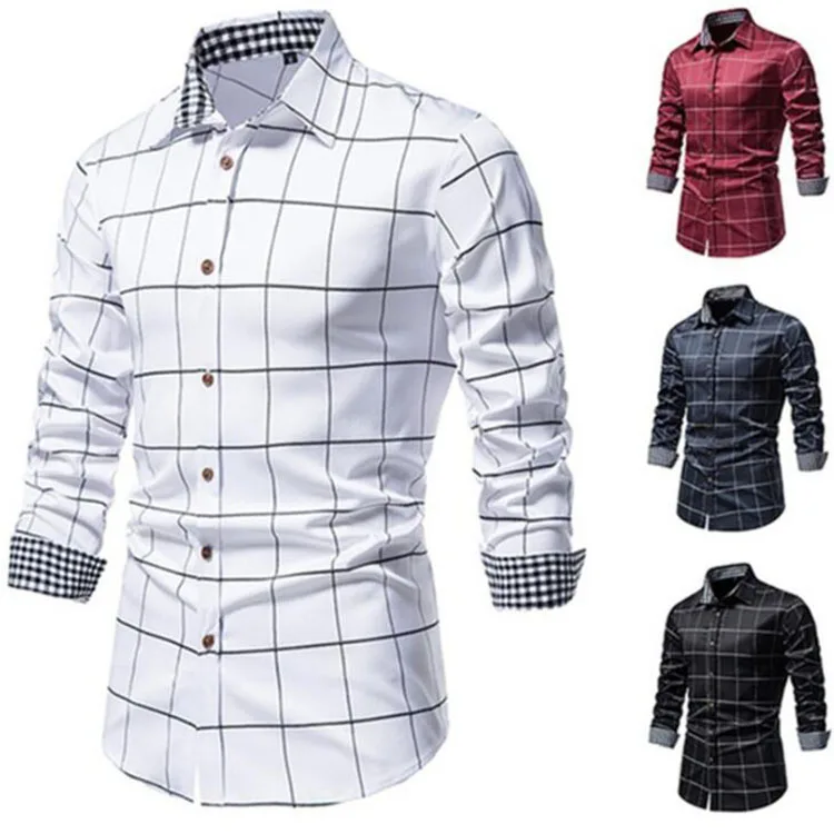 New Mens Social Shirts Autumn And Winter Casual Plaid Stitching Long-sleeved Single-Breasted Lapel Fashion Shirt