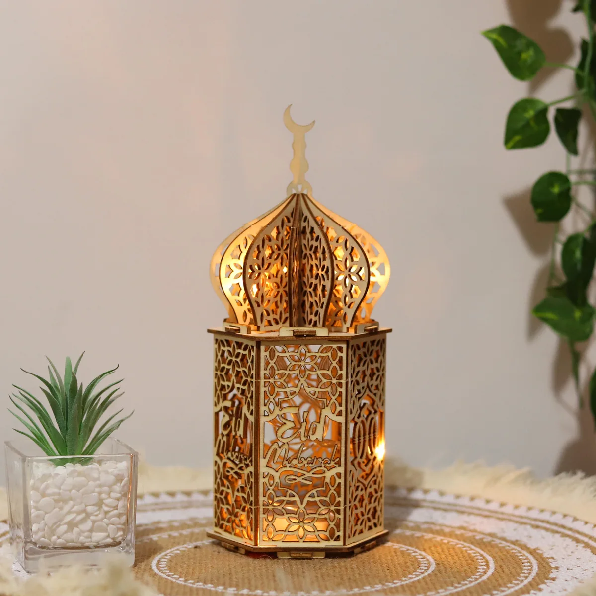 Kanlong Ramadan Wooden Handicraft Muslim Palace Lighted Gifts Decorative Lamp