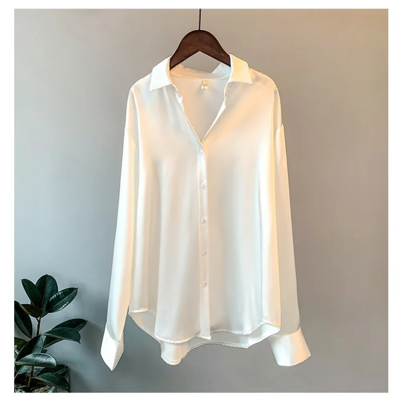 YiXin Blouses For Womens 2022 Plain Long Sleeve Silk Satin Blouse For Women Office Business Casual White Blouse Women