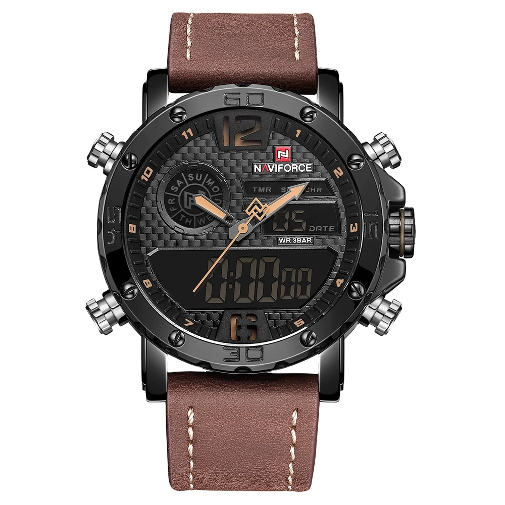 NAVIFORCE 9134 Men Watches Top Brand Luxury Original Sport Watch Leather Strap Waterproof Miliary Dual Display Wrist watch Clock
