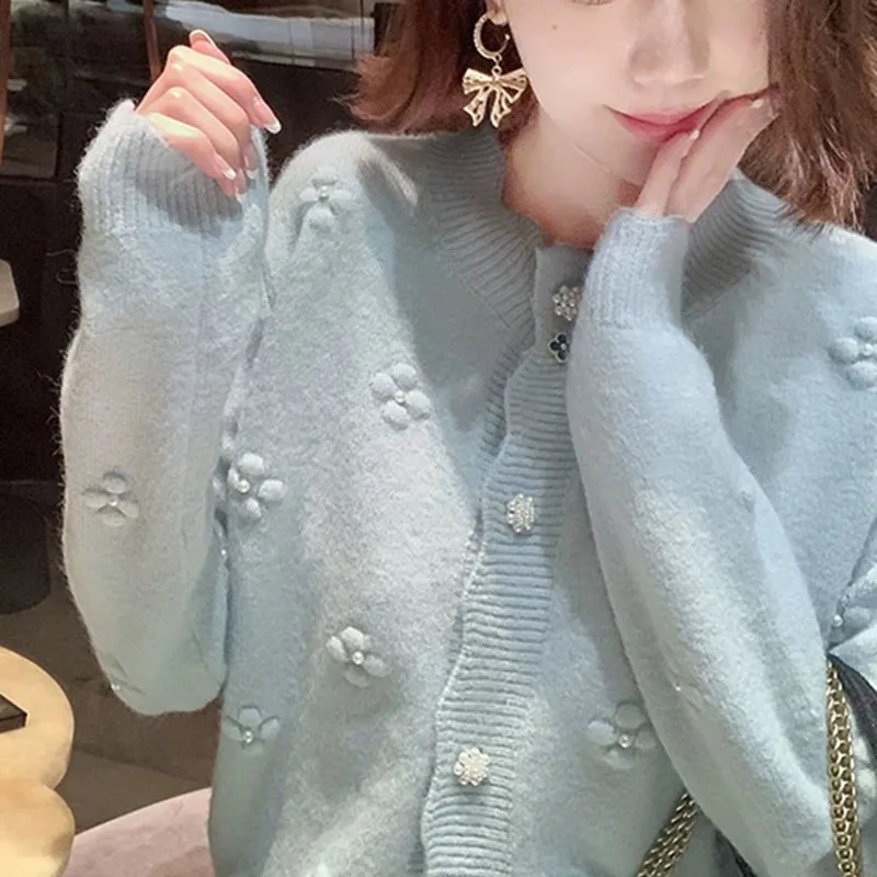 Flower Sweater Jacket nail Bead Knitted Cardigan japanese College Style Sweater